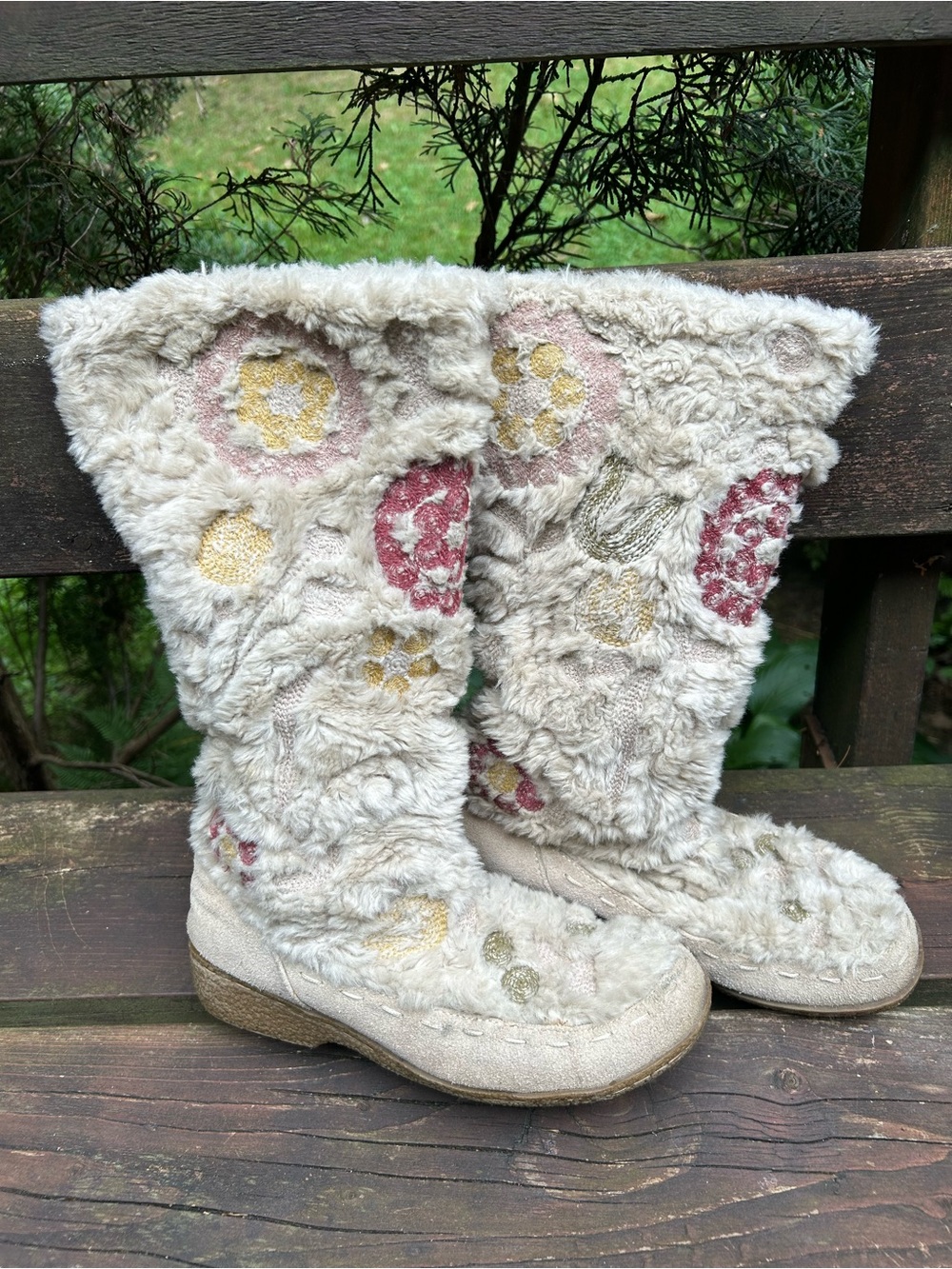 Cream Faux Fur Floral Tall Boots